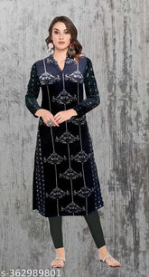 Woolen printed kurti, three-quarter sleeves, low price. Women's wool kurta for daily use and winter parties. Indian origin, trending sequin embroidery." (123 characters)