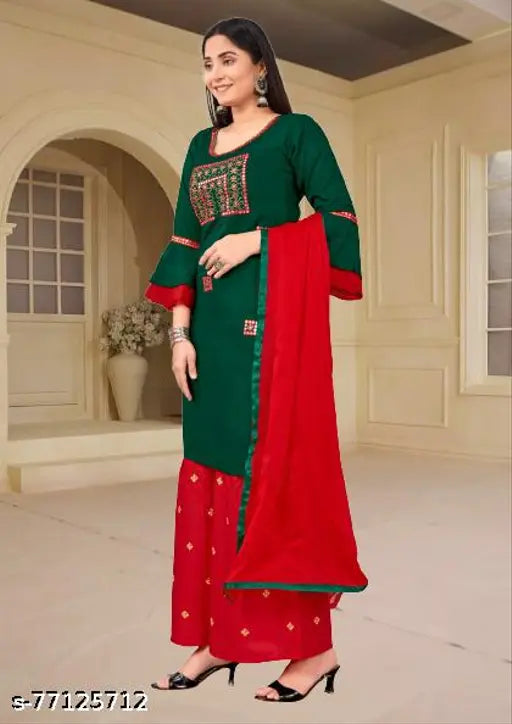 Rayon embroidered dupatta set for women, graceful three-quarter sleeve kurta and bottomwear from Jivika, India