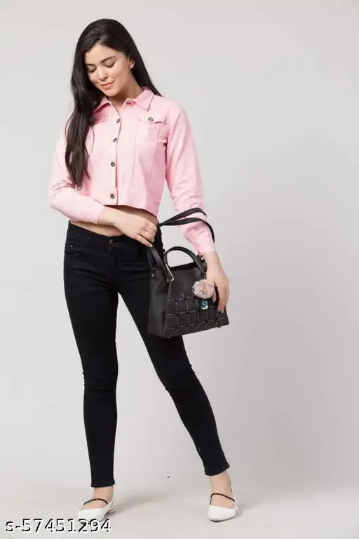 Pink Solid Denim Jacket, Full Sleeve, Women's and Girls Pack of 1 (SMLXL)