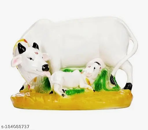Resin Kamdhenu Cow statue, colorful cow & calf figure for home decor, symbolizes prosperity and love. (3" L x 4.5" W x 3" H)