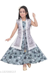 Cotton blend, sleeveless, printed net Grown dress for children's festive wear, Indian fabric and sizes from 2-11 years