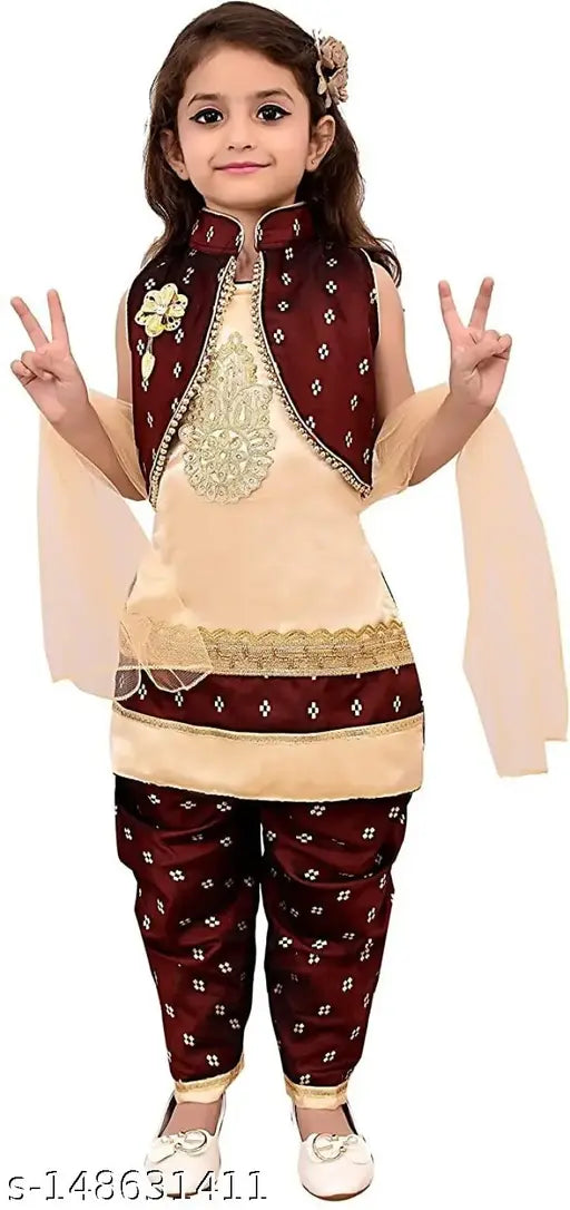 Embroidered nylon kurta set with dhoti pants for girls aged 1-14 years, Indian fashion on display