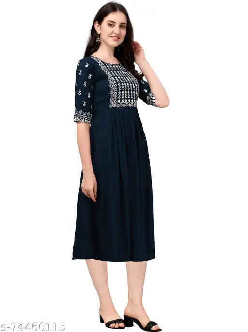 Stylish rayon embroidered kurti in classic colors, perfect for work or parties. Relaxed fit and regular machine washable