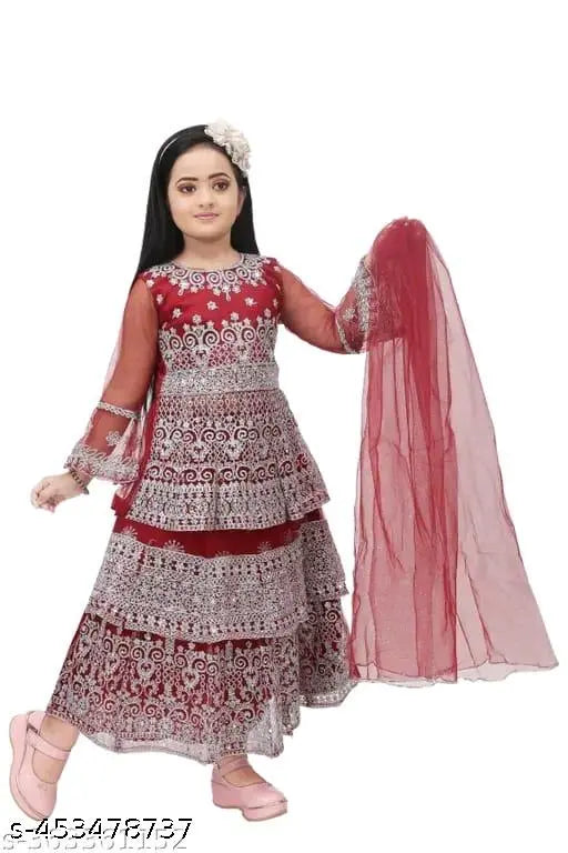 Maroon sleeveless net lehenga choli for kids, embellished with intricate embroidery work, perfect for festive parties