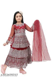 Maroon sleeveless net lehenga choli for kids, embellished with intricate embroidery work, perfect for festive parties