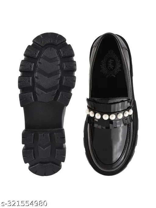 Synthetic detailed black loafers by Stylestry, slip-on upper beads design for women's wide fit shoes, classic bellies with chain detailing. Made in India