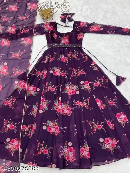 Georgette printed dress for women, long sleeves, breathable, suitable for parties & festivals