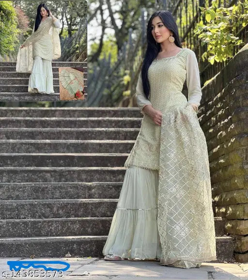 Embroidered Georgette dupatta set with kurta and dhoti in heavy Maslin cotton silk, XL size, ready-to-wear Indian fashion