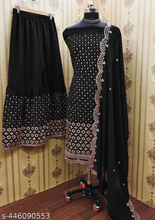 Georgette floral embroidered unstitched top with stitched sharara and full sequence dupatta set, Indian designer wear
