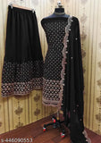 Georgette floral embroidered unstitched top with stitched sharara and full sequence dupatta set, Indian designer wear