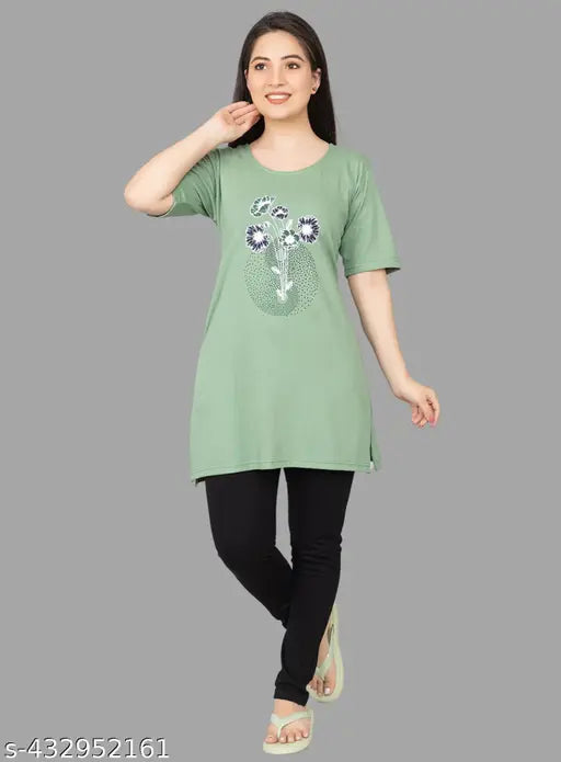 Green floral printed cotton night suit for women, comfortable long-lasting quality night dress