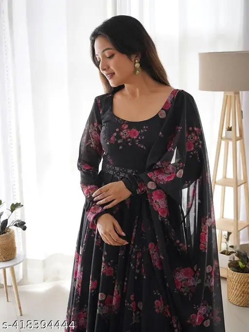 Black pink flower printed Georgette gown for women and girls party wear, premium export quality lace dupatta gown with short sleeves, size S-XXXL