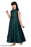 Green silk blend sleeveless designer party dress for girls, trending now in kids wear and women's wear. Perfect for birthdays or special events. Size: 4-5 years (bust size 23in, length size 30in)