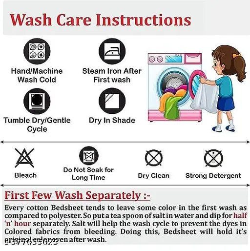 Queen-size Jaipuri pure cotton double bedsheet with 2 pillow covers, 180TC, multi-color, Indian-made