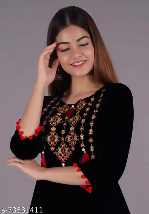 Rayon embroidered kurti, three-quarter sleeves, perfect daily wear for women