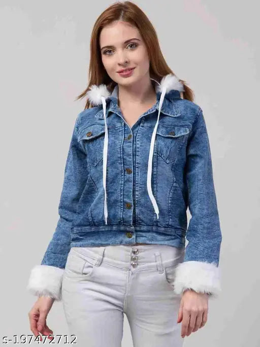 Denim waistcoat for women - stylish modern jacket with long sleeves, solid pattern, available in S, M, L, XL. Made in India