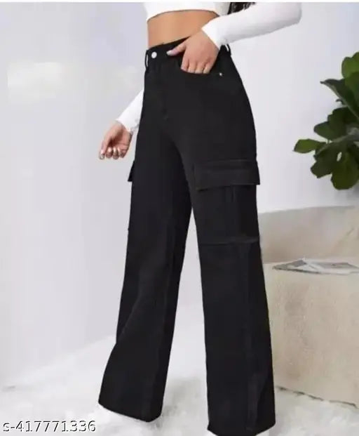 Black Lycra 4-pocket cargo pants for girls, elegant fit for a beautiful lady. Perfect gift for sister, friend, wife, or mother. Made in India