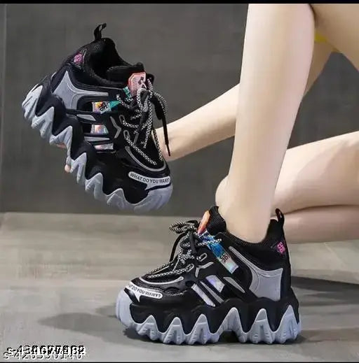 Stylish black washing sports shoes for women, synthetic mesh and rubber soles with lace-up fastening, available in various sizes (IND-3 - IND-8) from India