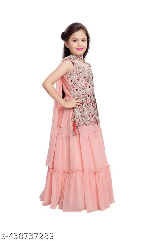 Georgette sequinned embroidered lehenga, blouse & dupatta in floral stitch - Indian girls fashion