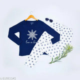 Pinkdots Navy blue cotton T-shirt and white pyjama set - soft, breathable sleepwear in Indian style