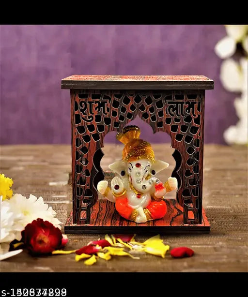 Wooden Expleasia Mukut Ganesha Idol with Temple, ideal home or office decor item, handcrafted with intricate details, Made in India