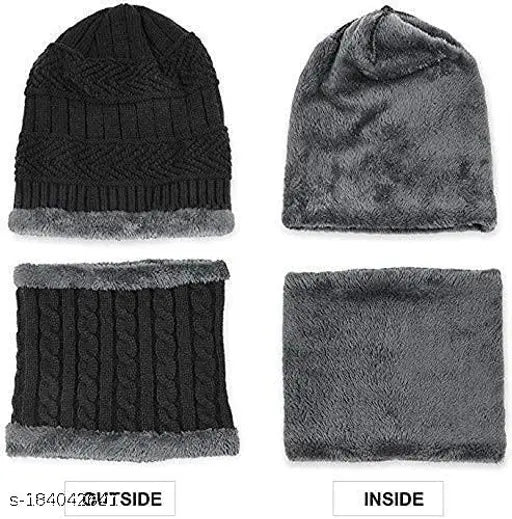 Women's woolen fur-lined hat cap with neck warmer, warm winter accessory for cold climates