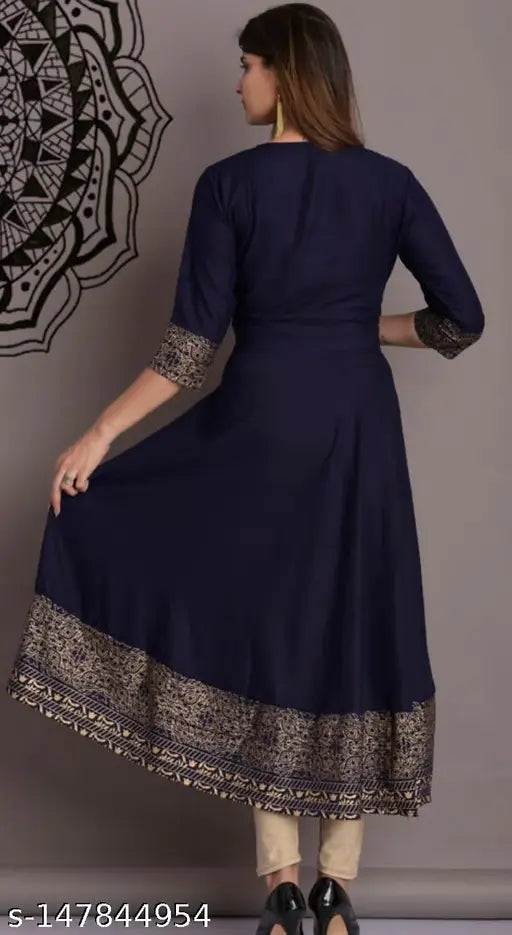 Navy Blue Rayon Embroidery Work Anarkali Kurti, Indian traditional ethnic wear for women in flared style