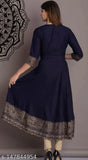 Navy Blue Rayon Embroidery Work Anarkali Kurti, Indian traditional ethnic wear for women in flared style
