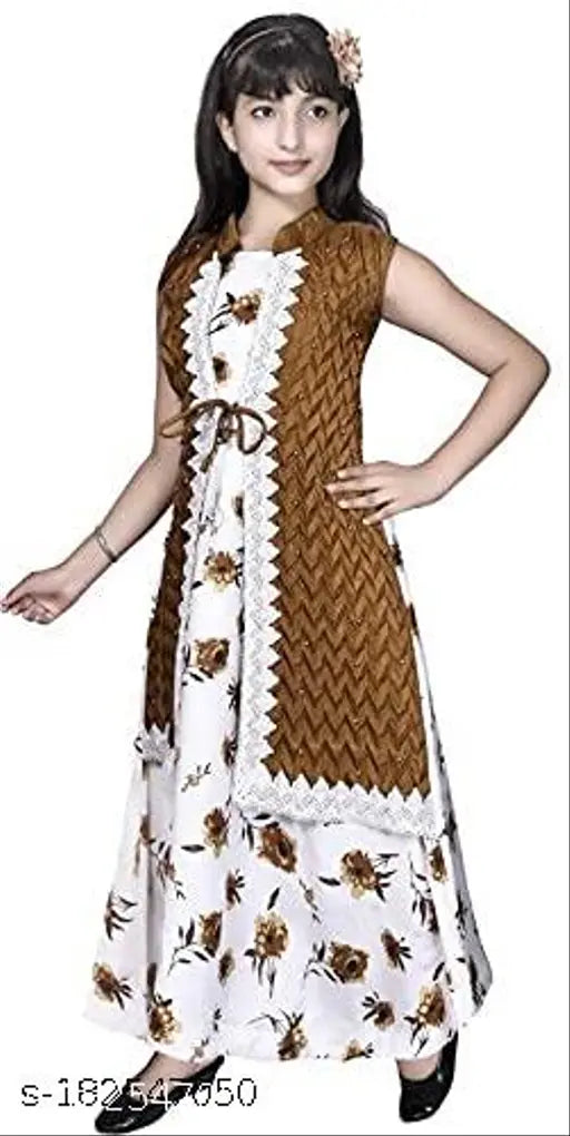 Embellished net cotton blend gown for kids, inspired by ethnic party wear. Available in various colors: silver, light green, pink