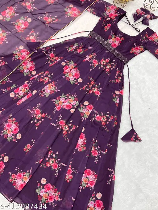 Purple Georgette Krishna-AA long sleeve printed gown, vibrant floral pattern for festive celebrations, Indian origin