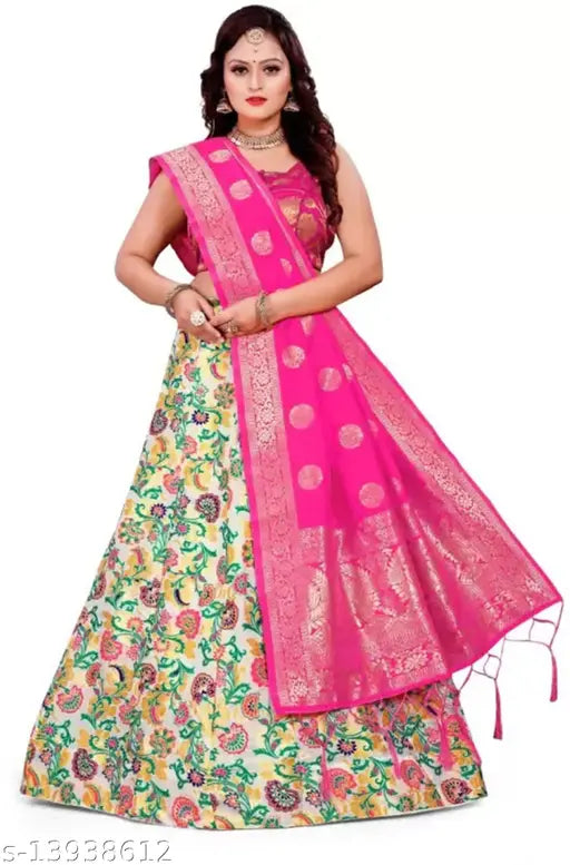 Vibrant floral Poly Silk and Soft Silk Indian lehenga choli set with Zari-embroidered dupatta, Bollywood style