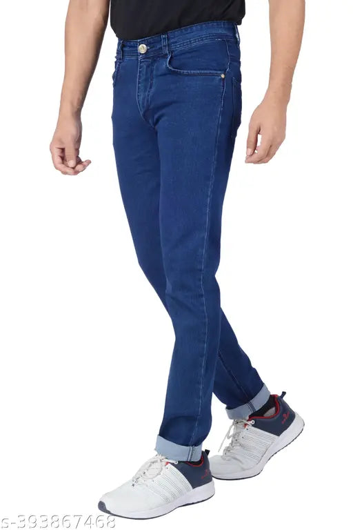 Dark blue denim mens slim jeans, high-quality fabric for casual, party, or office wear. Perfect fit with comfortable pockets." (119 characters)