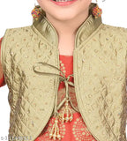 Red cotton blend designer embroidery Patiala suit for girls by Hariyal Creation, 3/4 sleeve anarkali style with printed pattern, knee-length top and available in sizes from 3-4 years to 8-9 years