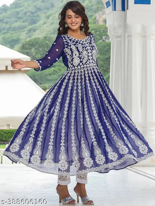 Navy Blue Chikan Embroidery Georgette Straight Kurta, three-quarter sleeves, Vivaan Fashion women's outfit from Surat, India