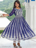 Navy Blue Chikan Embroidery Georgette Straight Kurta, three-quarter sleeves, Vivaan Fashion women's outfit from Surat, India