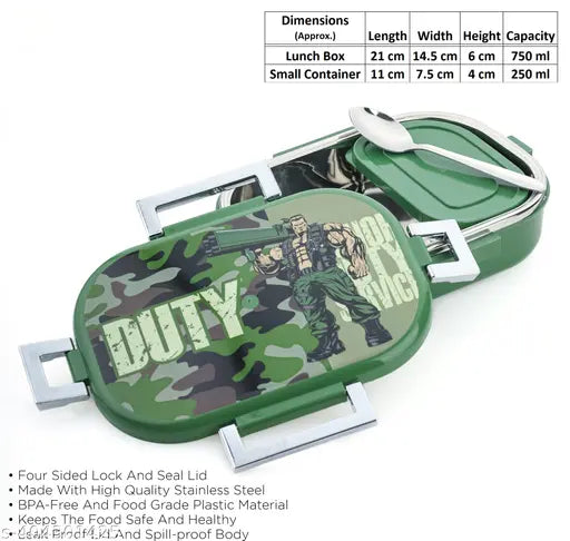 Military Green stainless steel lunchbox, leak-proof & air-tight container (1000 ml), ideal for school/office use
