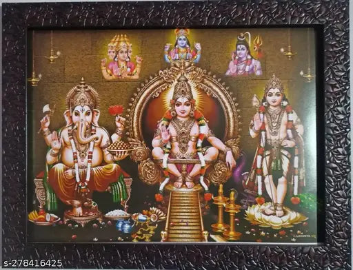 Synthetic resin, vibrant Hindu deity wall hanging featuring God Ganesh, Ayyappan, Iyyappa, Kartikeya, Murugan painting (9x12 inches), Indian origin