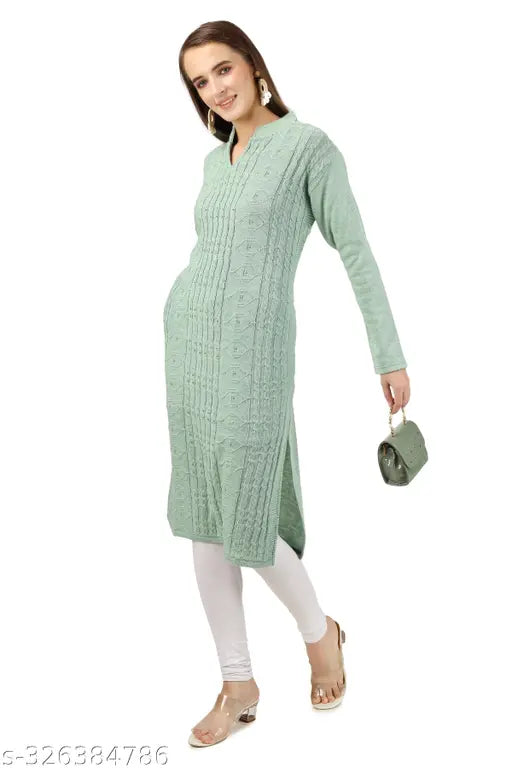 Aqua Blue Embroidered Woolen Kurtis by BLUSHH COLLECTION - Perfect for winter with long sleeves and warm material