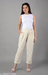 Cream georgette Chikankari embroidered bottom palazzo pants for women, ankle length with elastic waistband