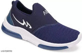 Blue synthetic slip-on sports shoes for kids, striped net pattern, ideal for daily casual wear and running/walking
