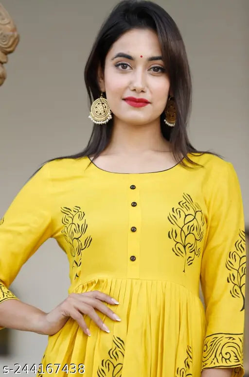 Mustard rayon Anarkali Kurti with hand-block print, three-quarter sleeves. Sanganer handcrafted Indian women's fashion