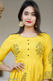 Mustard rayon Anarkali Kurti with hand-block print, three-quarter sleeves. Sanganer handcrafted Indian women's fashion