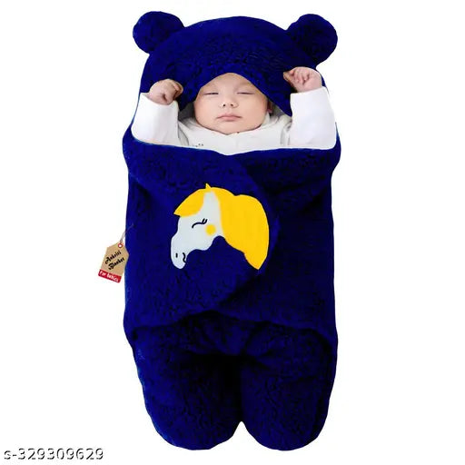 Navy blue microfiber hooded baby wrapper/blanket by Aakriti, ultra-soft for safe and cozy comfort