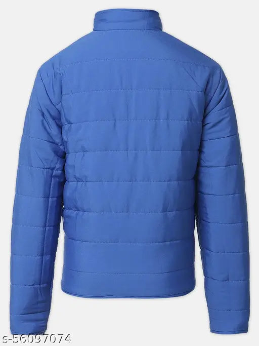 Blue girls' polyester jacket with floral print, long sleeves, standing collar, and zip. Reversible to sea green color. Suitable for ages 5-14 years. Made in India