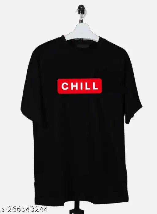 Black cotton men's tee with bold print, featuring a chill quote design. Relaxed fit, hand-dyed with organic dyes, screen-printed with water-based inks. Made in India