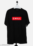 Black cotton men's tee with bold print, featuring a chill quote design. Relaxed fit, hand-dyed with organic dyes, screen-printed with water-based inks. Made in India