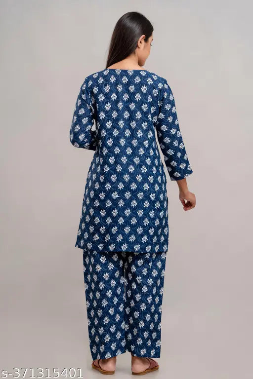 Latest designer printed night suit for women in Rayon Viscose, three-quarter sleeves, full-length pyjamas
