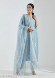 Blue cotton blend kurta set with palazzos and dupatta, printed net pattern on three-quarter sleeves, women's wear from GoSriKi