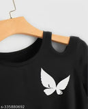 Black lycra crop top with three butterfly print for women, short sleeves