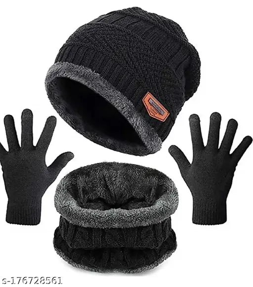 Black striped woolen cap set with gloves (3-piece) - Warm, fleece-lined, classic knit for various occasions